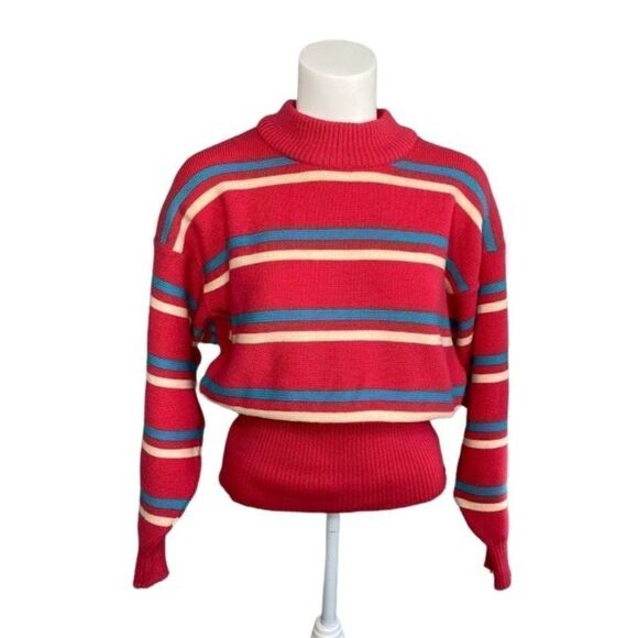 Vintage DEMETRE Pink Stripe Mock Neck Dolman Pure Virgin‎ Wool Sweater sz Large - Picture 1 of 10